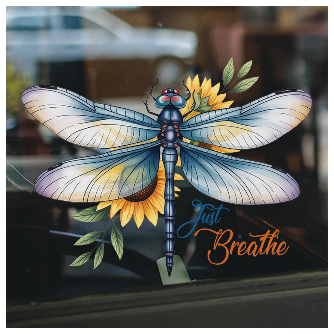 Calcomanía de libélula Just Breathe, pegatina motivacional de naturaleza para coche y ventanas
