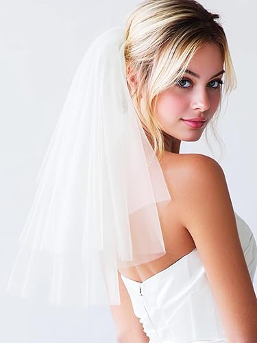 Miniatura 2 de Aukmla Velo de novia corto de 1 nivel, longitud de hombro con peine (15.74 pulgadas)