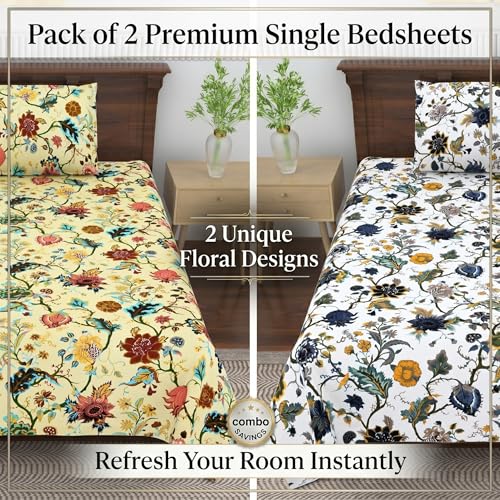 Image of Mafatlal 144 TC Saanjh Pure Cotton Single Bedsheet Set of 2 (90 x 60 Inches) with Pillow Covers | Wrinkle Resistant & Comfortable | Yellow N White