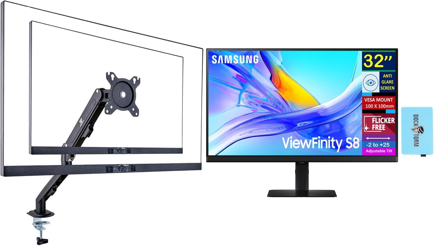 Samsung 32" ViewFinity S8 (S80UD) 4K UHD VA Monitor with HDR10, Built-in KVM Switch, USB-C, Anti Glare, Flicker Free, VESA Mount, HDMI & DKZ Hub, Black (LS32D802UANXGO) Ergoflexy Single Mount Arm