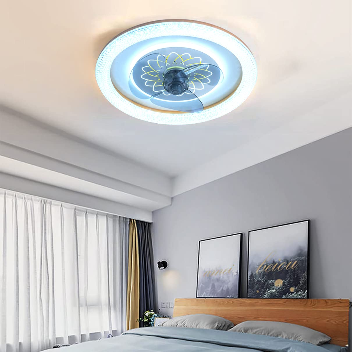 Ventilateur de plafond avec lampe LED et télécommande 3 vitesses pour chambre