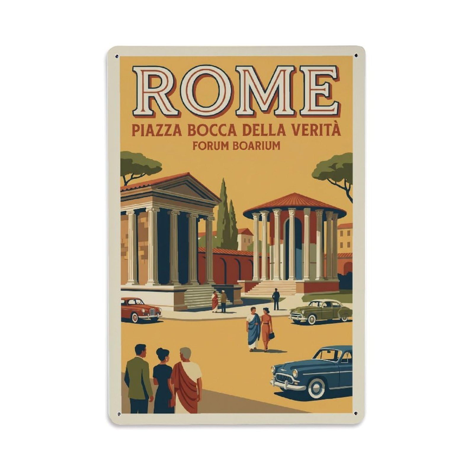 Vintage Travel Rome Piazza Bocca Della Verita Ancient Temples Italy Metal Tin Sign Plaque Wall Decor for Cafe, Club Bar, Office, Home Garden Metal Poster 8x12Inch