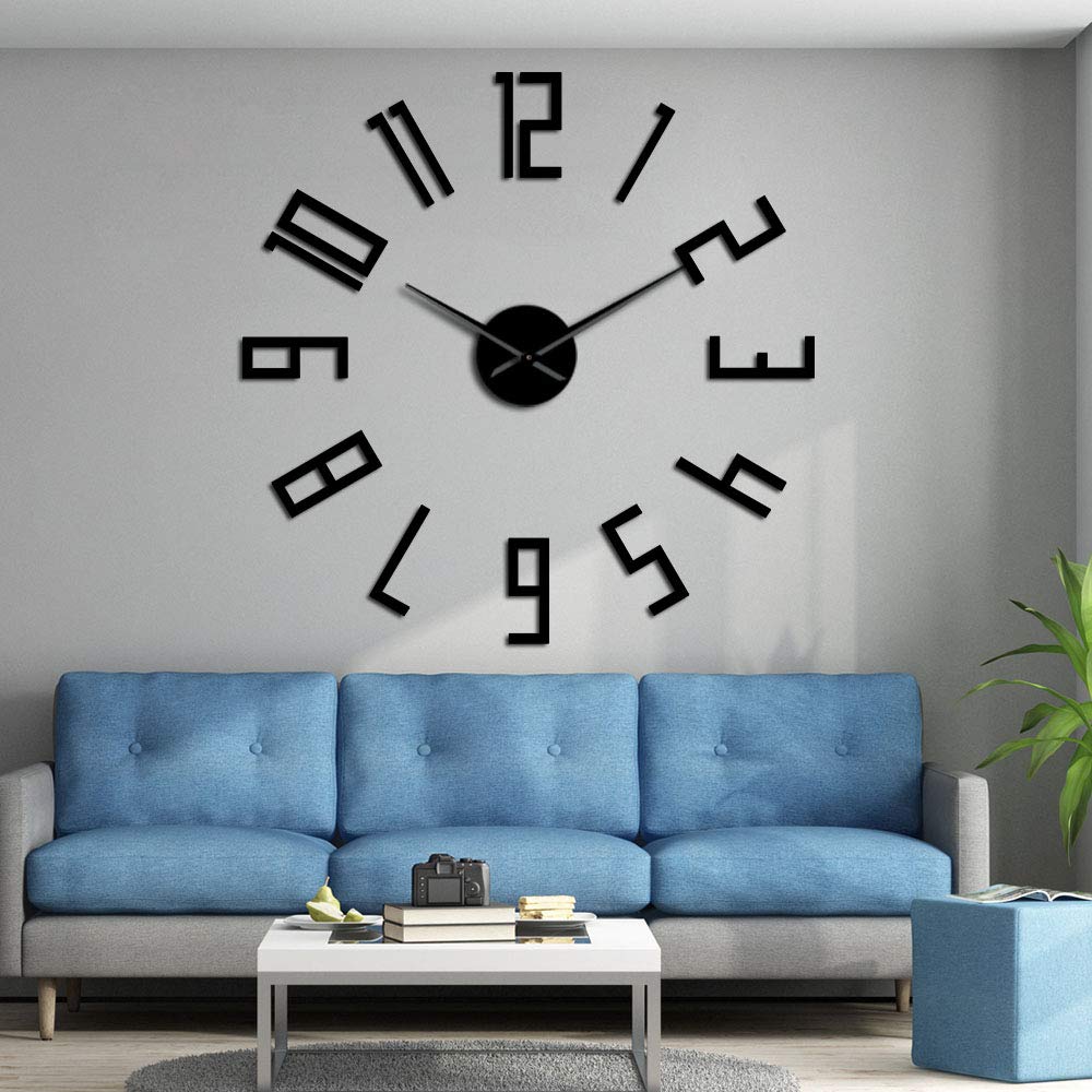 The Geeky Days Simple Numbers Giant Big DIY Large Frameless Wall Clock with Mirror Effect Wall Art Home Decor(Black)