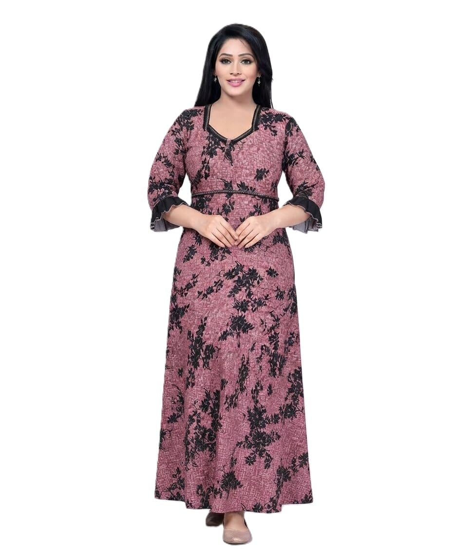 Women's Satin Maxi Night Dress with Robe, Maroon Floral Printed V Neck Nightgown, Short Sleeve Full Length Sleep with Waist Comfortable Lounge for Daily Home-image-4