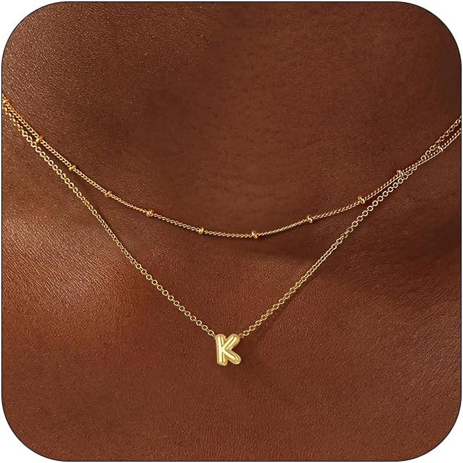 Bubble Letter Necklace Layered Initial Necklace for Women 14K Gold Plated Small Balloon Pendant Necklaces Cute Name A-Z Choker Necklaces Personalized Jewelry Gift