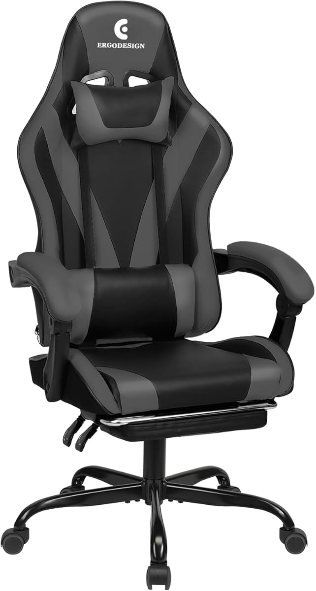 ErgoDesign Gaming Chair with Linkage Armrest & Footrest, High Back Video Gaming Chair, Black/Grey