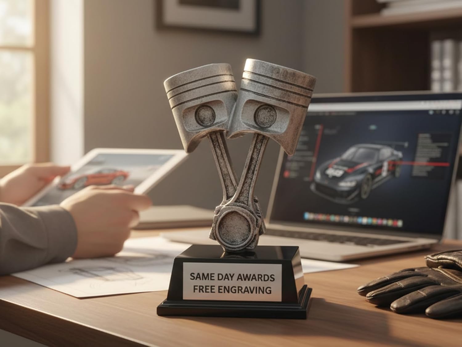 Silver Dual Piston Automotive Trophy – 7 Inch Engine Award with Free Custom Engraving – Motorsport Racing, Mechanic & Automotive Recognition Trophy