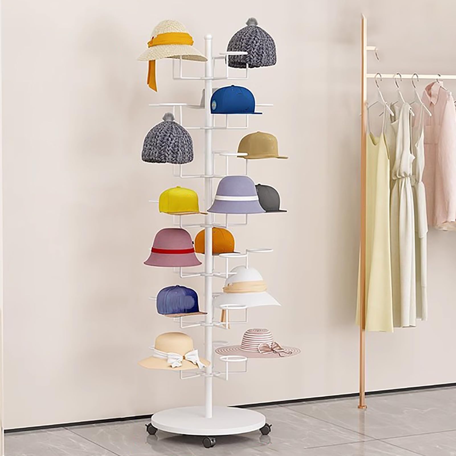 Casco Obra Estante de Almacenamiento para Sombreros de 5/6/7 Niveles con Base, Organizador de Gorras de Béisbol / Vaquero / Pelucas Movible, Expositor de Gran Capacidad para Tiendas Minoristas(White,H