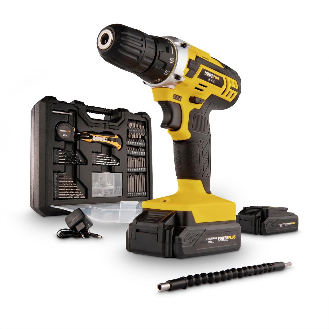 Powerplus Avvitatore a batteria e trapano POWX00830-20 V, con 2 batterie da 20 V e caricabatterie, cassetta degli attrezzi da 134 pezzi con punte per avvitatore, per legno, pietra e metallo
