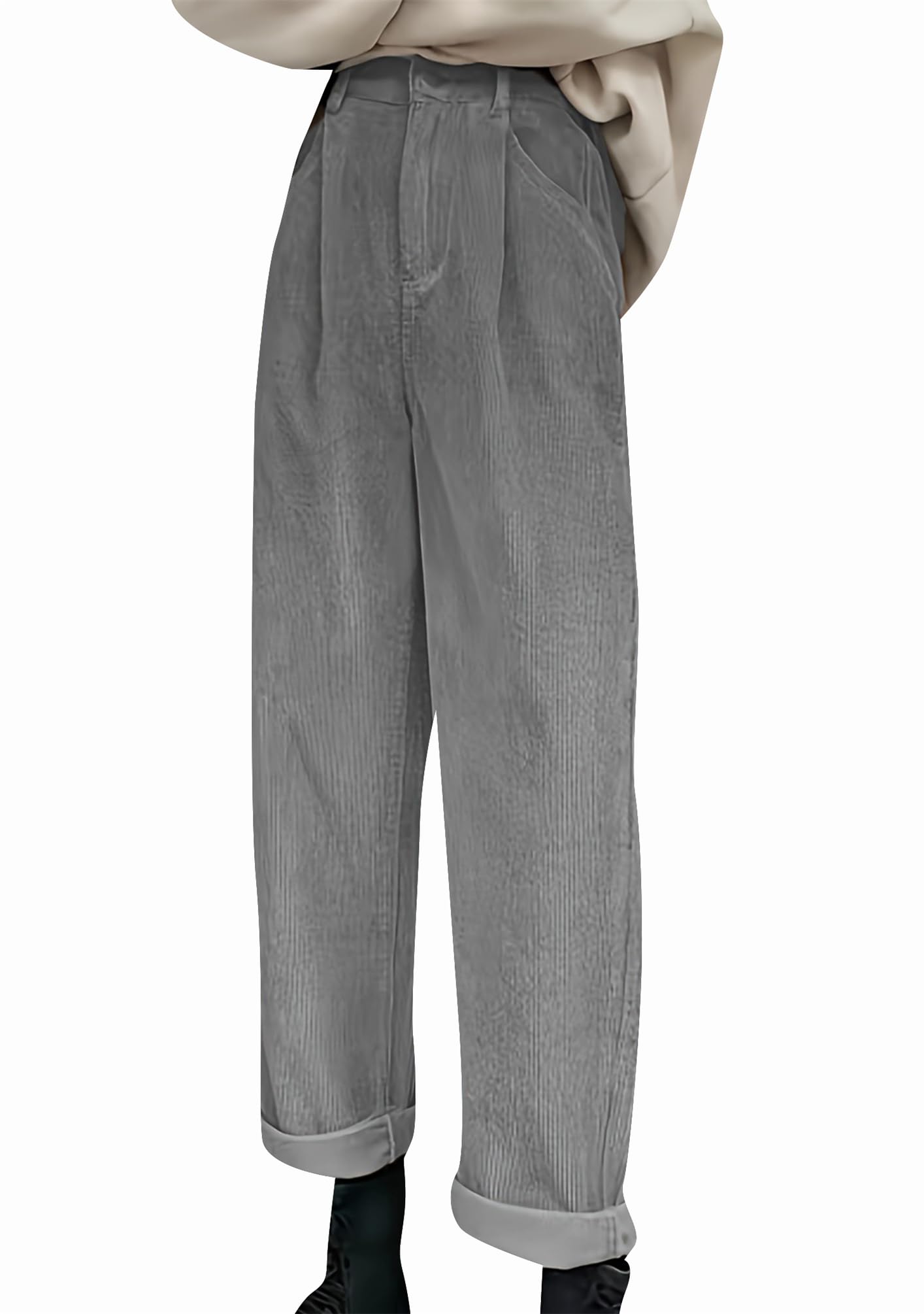 OMZIN Womens Corduroy Pleated Pants Straight Leg Long Commuting Trousers Classic Baggy Slacks