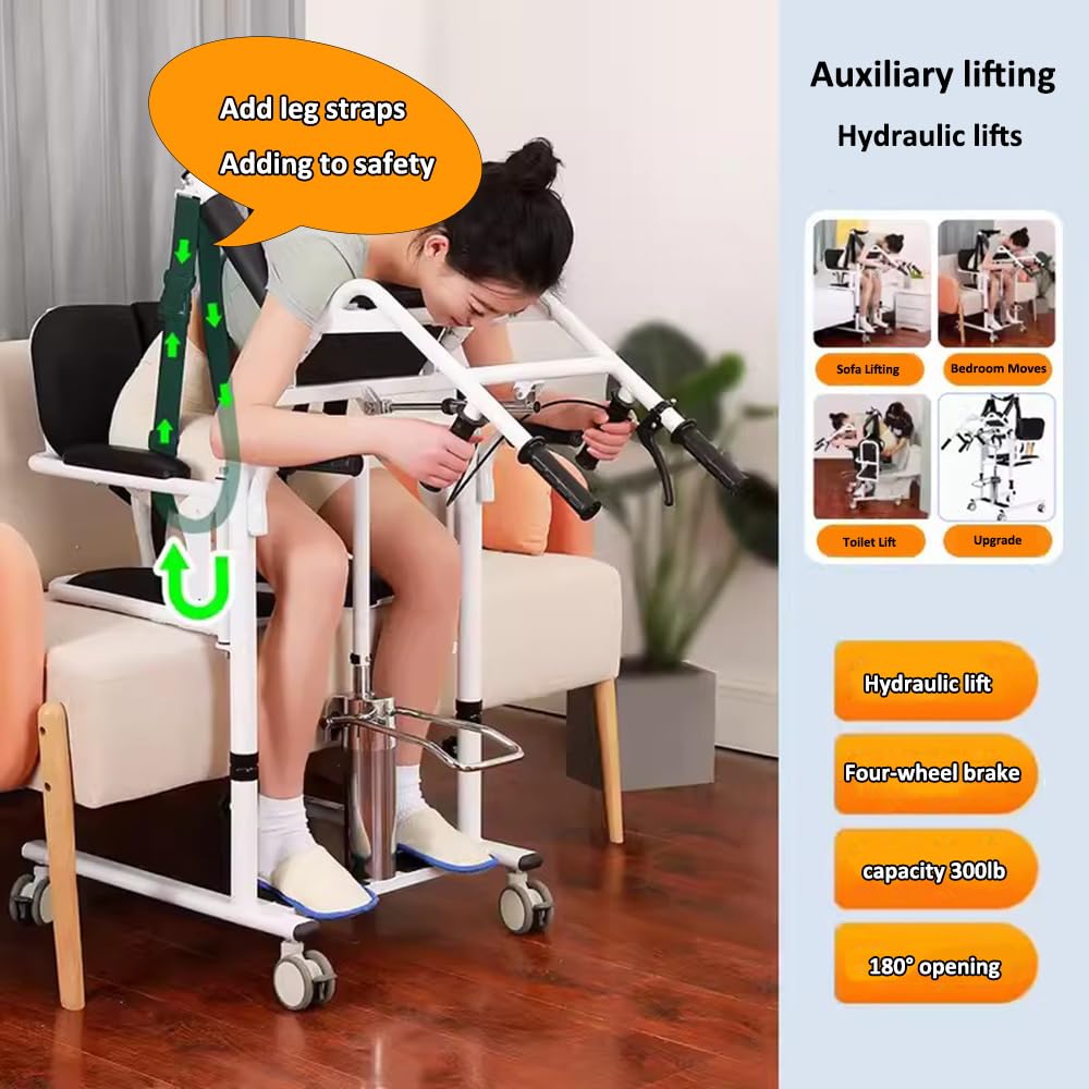 Chaise de transfert hydraulique pour patient avec position assistée, hauteur réglable de l'assise à la verticale, avec dossier haut doux et siège doux, fauteuil roulant pouvant supporter 136 kg pour