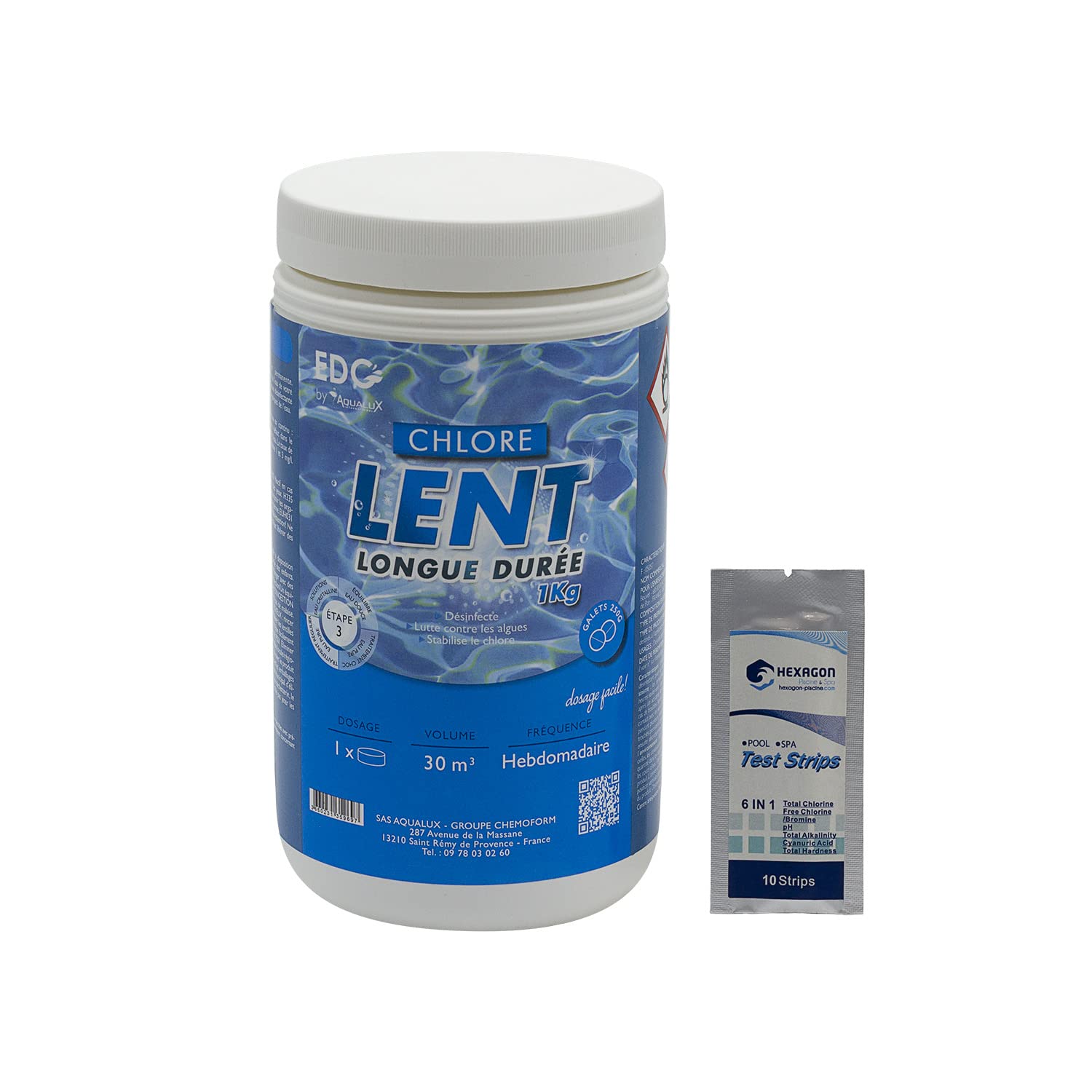 EDG by AQUALUX Chlore Lent Galets 250g - 1kg | Chlore Lent Stabilisé - Désinfection Régulière - Dissolution Lente + 10 Tests HPS OFFERTS 6 en 1