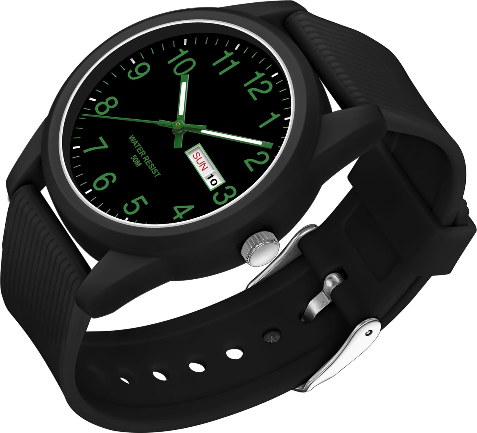 findtime Montre analogique à quartz pour homme et femme - Étanche jusqu'à 50 m - Bracelet en silicone - Montre décontractée pour adolescents - Avec date, jour de la semaine, aiguilles lumineuses