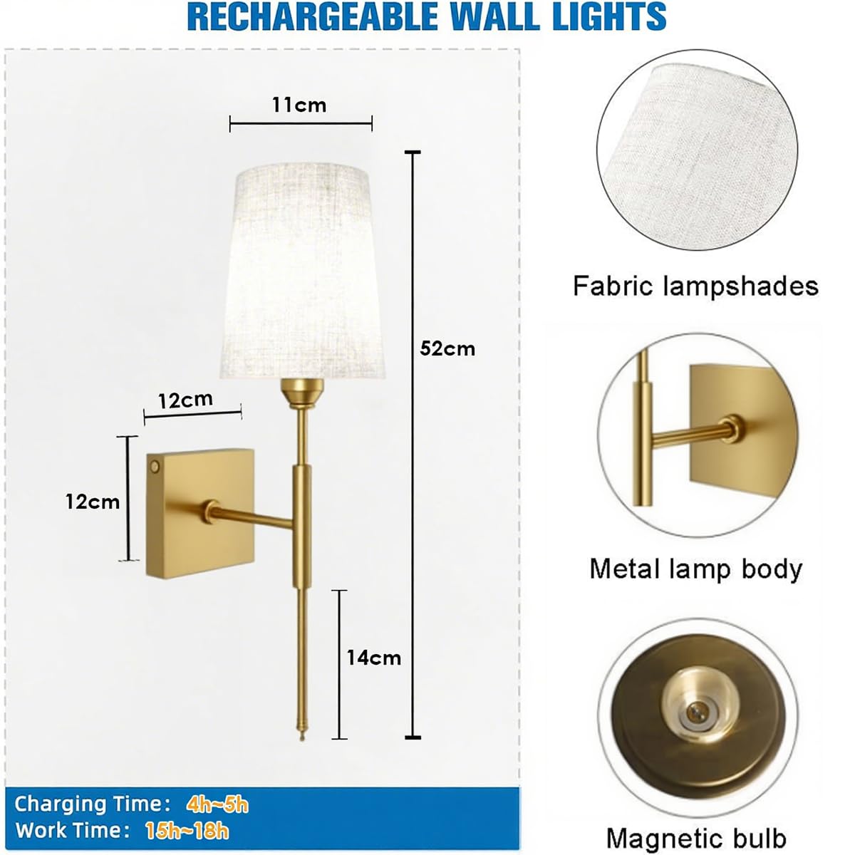KZT Akku Wandleuchte Innen 5000mAh Wiederaufladbare Akku Wandlampe mit Fernbedienung und Touch Kabellose Wandlampen Gold Vintage Wandbeleuchtung mit Stoffschirm, für Schlafzimmer (1 Stück,Gold)