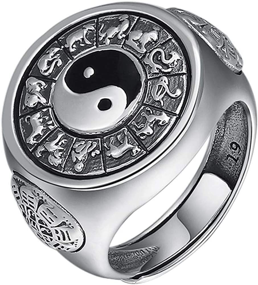 Chiński Pierścień Szczęścia Feng Shui ， Pierścień spinnerowy z symbolem Yin Yang ze srebra próby 925 w stylu vintage z emalią i 12 chińskimi znakami zodiaku dla mężczyzn i kobiet, otwarty i regulowany