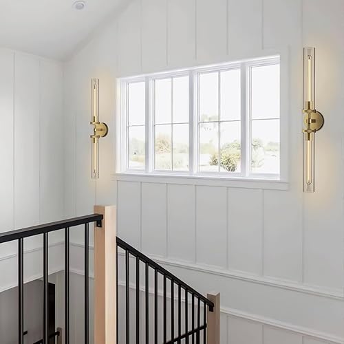 Miniatura 12 de Aplique de pared de baño de 30", apliques de pared de latón con cableado fijo, aplique de pared dorado regulable, apliques lineales moleteados de