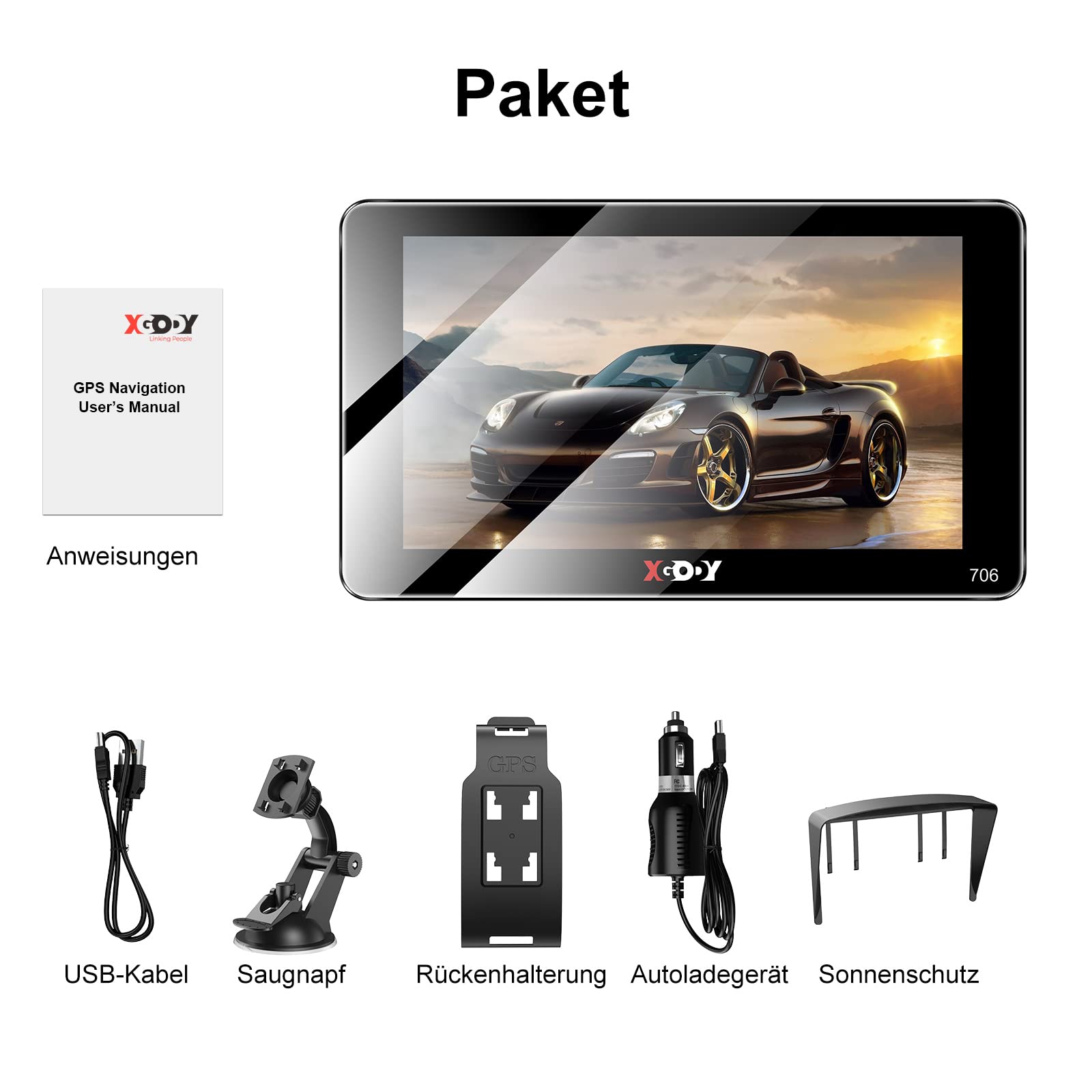 XGODY Navigationsgerät für Auto 2023 Touchscreen Sonnenblende EU Karten Lebenslange Kartenaktualisierung