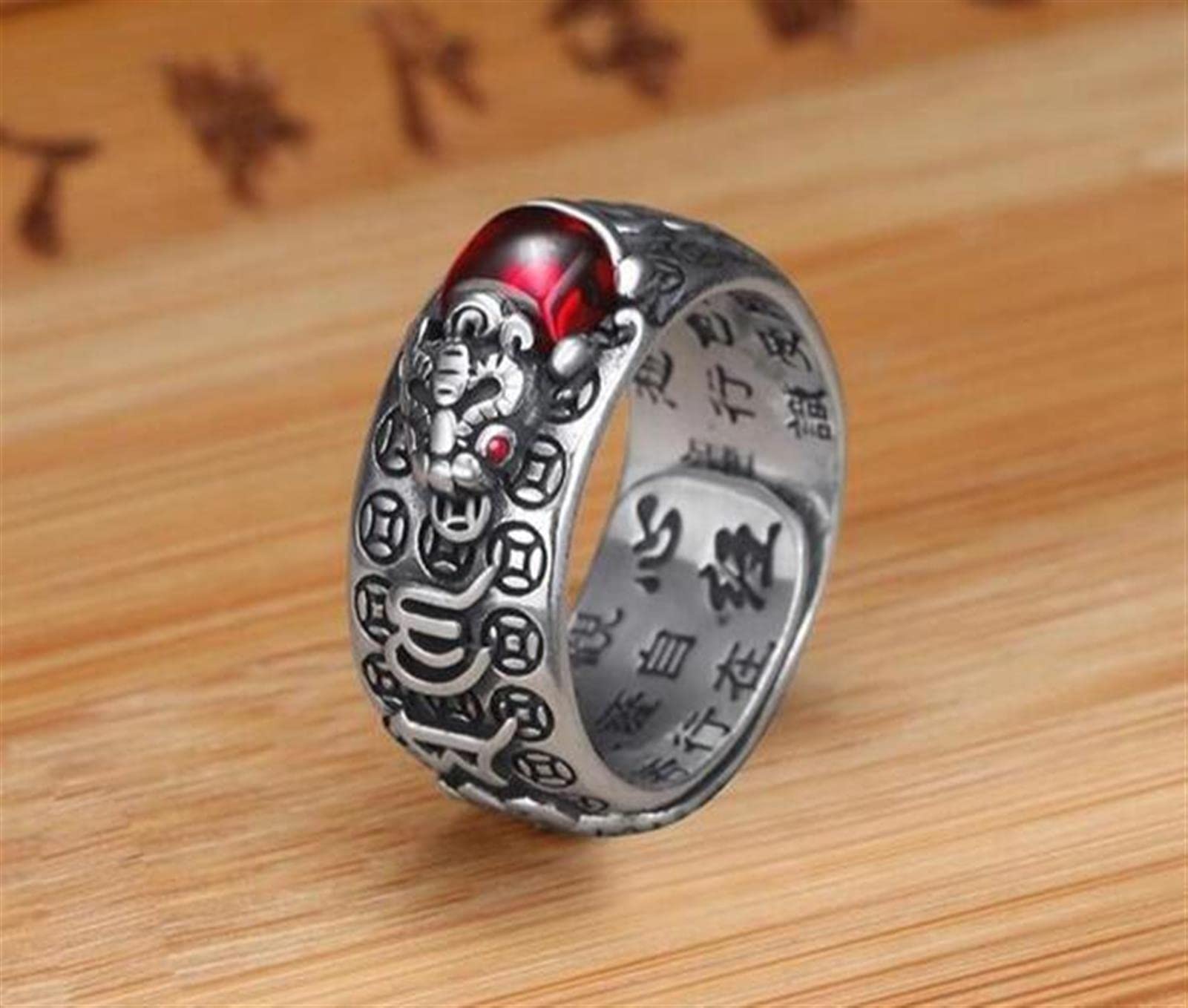 Feng Shui Pixiu Mantra Ring 99 Silver Buddhist Good Luck Amulet Mantra Double Protection Wealth Love Health Ring Gift for Men Women