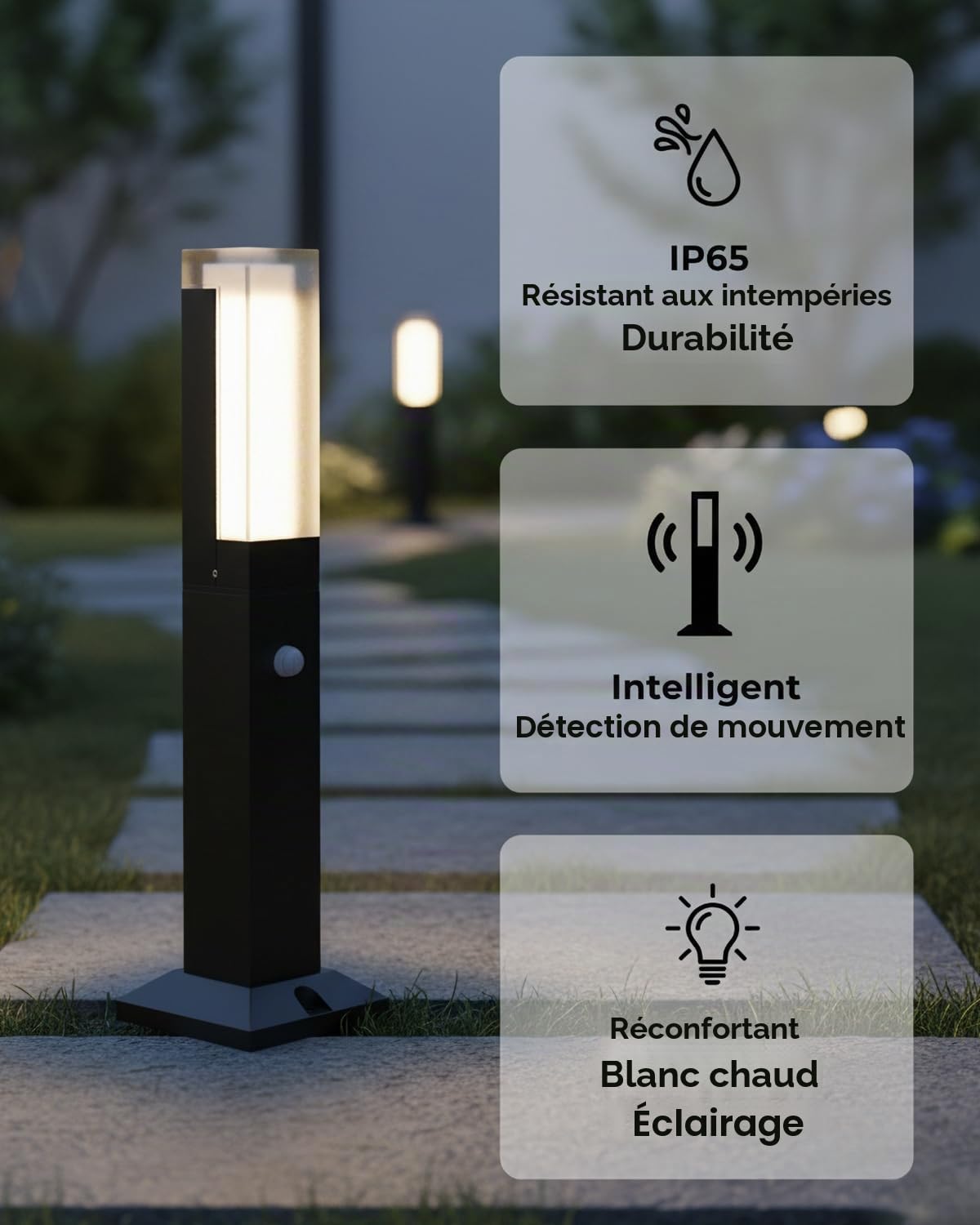 Borne Lumineuse Exterieur avec Détecteur de Mouvement, 40cm, IP65
