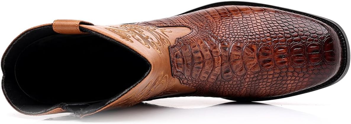 Santimon Men's Crocodile Western Cowboy Boots, Side Zipper, Mid Calf Wide Square Toe Boots