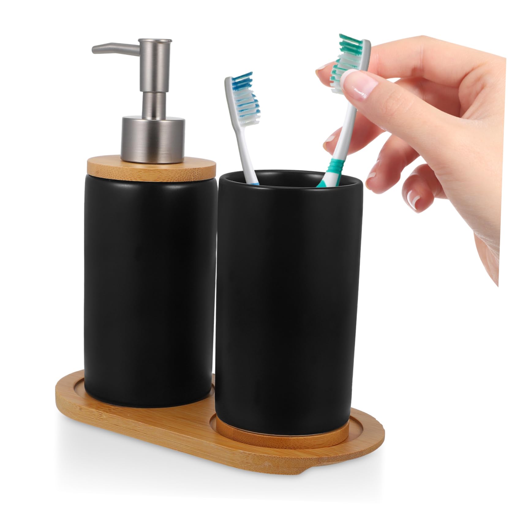 1 Satz Schwarzes Keramik Badezimmer Accessoire Satz mit Bambus | Zahnbürstenhalter und Seifenspender, Becher ca 350ml, Flasche ca 430ml, Schlichtes Klassisches Design