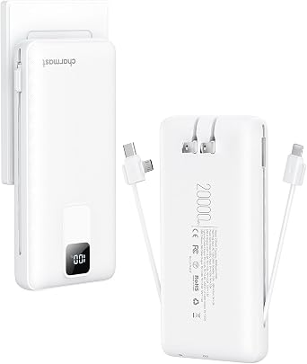 charmast Portable Charger with Built-in Cables and Wall Plug, 20000mAh 20W USB C Power Bank Fast Charging Battery Pack Travel Essentials Compatible with iPhone 16/15/14/13 Series, Samsung Google iPad