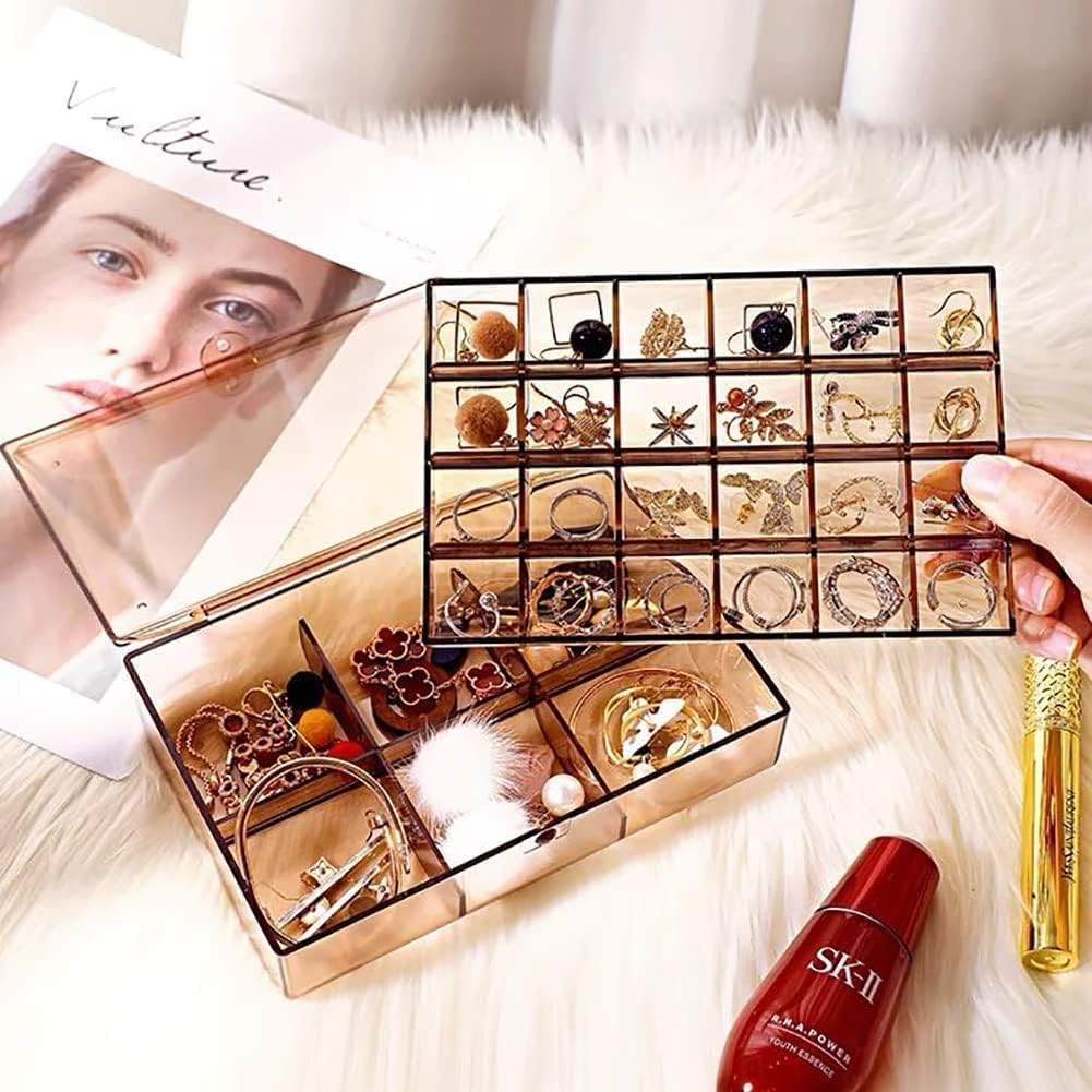 Portable 2 Layer Acrylic Jewelry Storage Box Organizer Holder case with Lid for Earrings Necklaces Bracelets Rings with 24-Grid Small and 6-Grid Big (Multicolor - PACK OF 1)