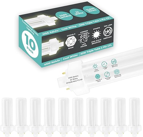 GoodBulb Bombillas CFL de 32 vatios 4 pines GX24Q-3 base 4100K blanco frío 32 W de alto rendimiento 2400 lúmenes, triple tubo, bombillas