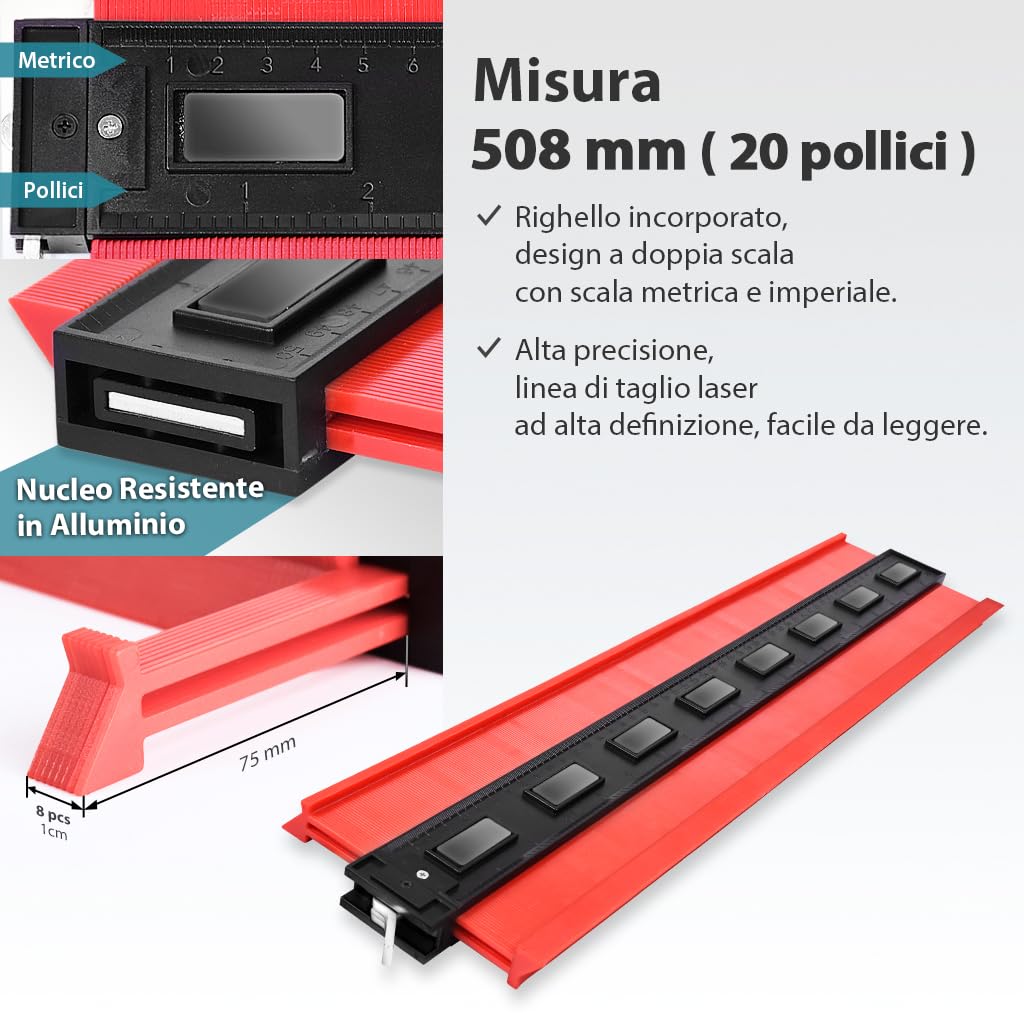 FIRSTINFO F3946EW | Misuratore di profilo | Contour Duplicator Gauge con Serratura | serratura in metallo | per piastrelle, laminato e lavorazione del legno