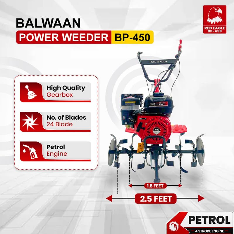 Image of Balwaan Krishi Power Weeder with 212 CC 4-Stroke Petrol Engine (Red&Black) | for Inter-Weeding in Hilly Regions with 24 Blades, 30 inch Width & 10 inch Cultivation Depth, Lightweight & Easy Handling | BP-450