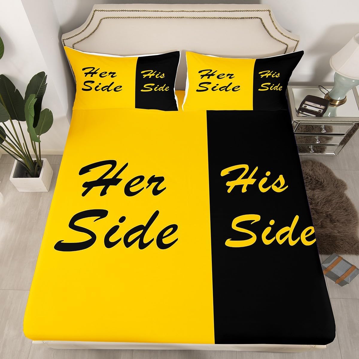 Feelyou Couple Fitted Sheet with 2 Pillowcases Full Size Women Men Lover Bed Sheets Set 16" Deep Pocket Black and Yellow Bedding Valentine's Day Bedroom Decor Romantic Love Breathable Soft Microfiber