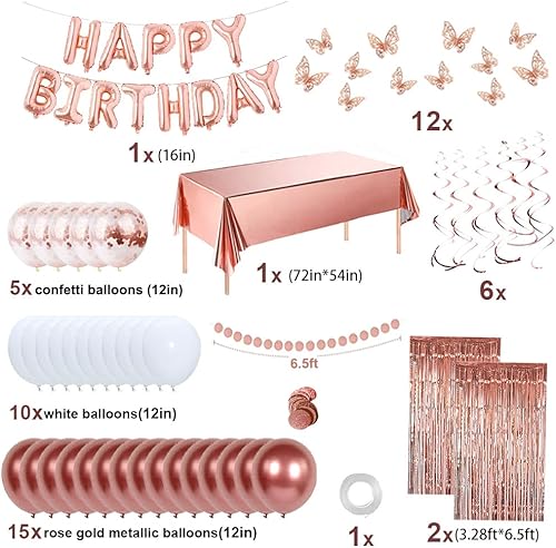 Miniatura 2 de Decoraciones de fiesta de feliz cumpleaños de oro rosa para mujer, pancarta de feliz cumpleaños para ella, cortinas de flecos, mantel de aluminio,