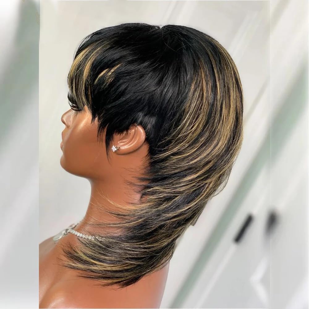 QITAQOTA Mullet Wig for Black Women - Brown Ombre Pixie Cut Wig With Bangs - Heat Resistant