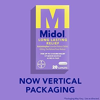 Midol Long Lasting Relief 20ct: Midol Long Lasting Relief, Menstrual Symptom Reliever & Fever Reducer, Caplets with Acetaminophen for Menstrual Pain Relief - 20 Count (Packaging May Vary)