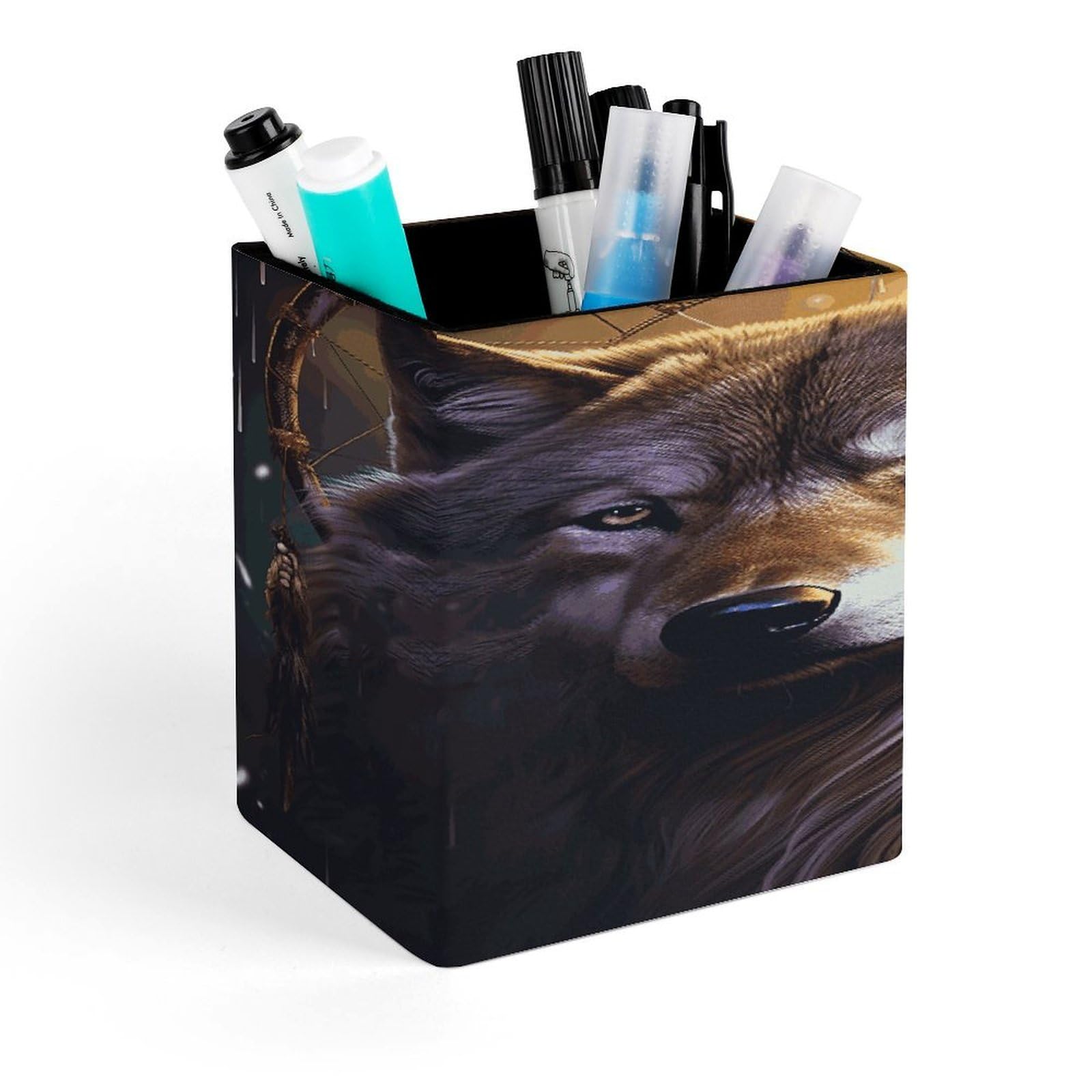 FekiLoot Wolves And Dream Catchers Pen Holder Personalized Desktop Pencil Holders Case Office Accessories Container Box for Square Pen Cup Desktop Organizer Makeup Brush Holder Caddy Storage