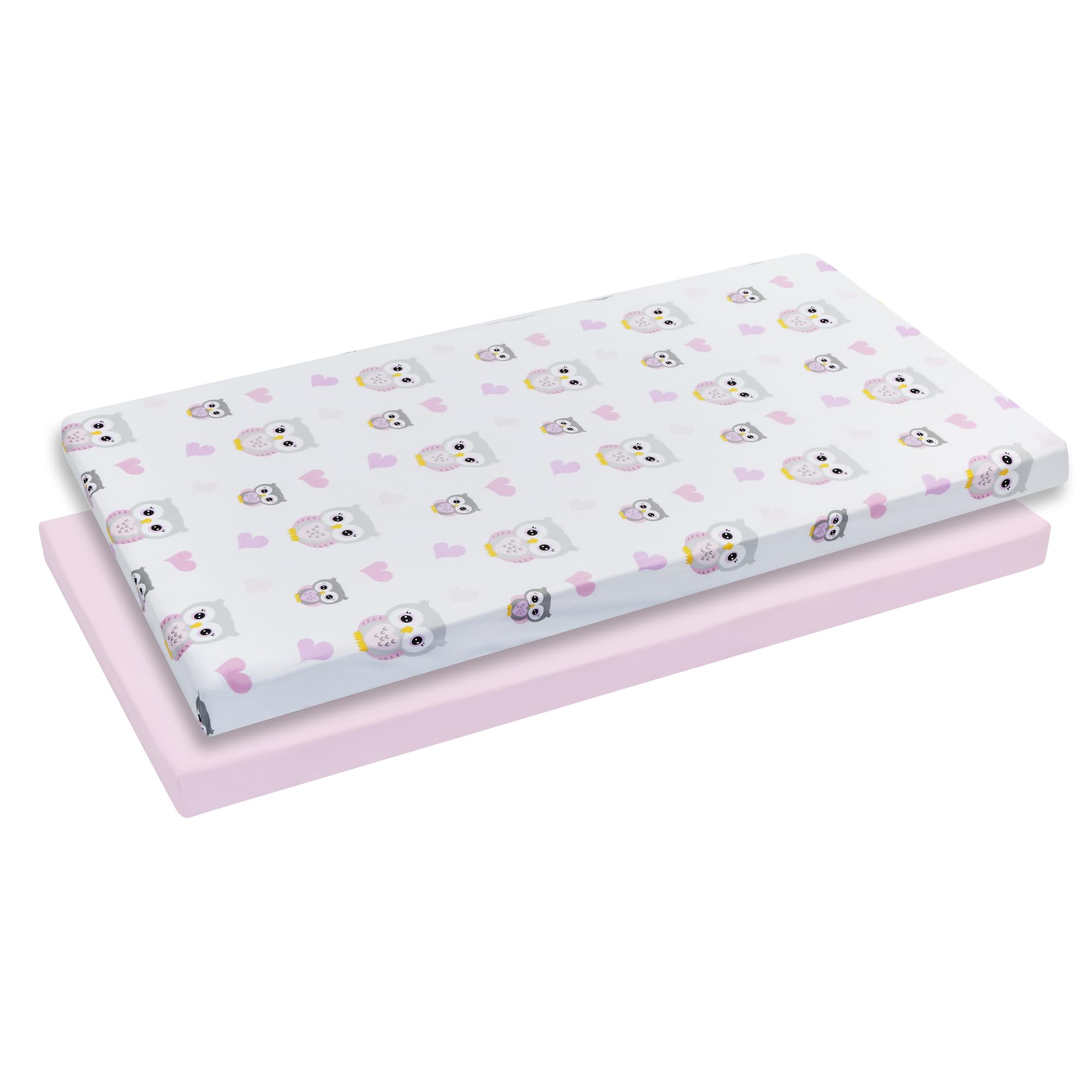 EVERYDAY KIDS 2 Pack Baby Cradle Sheets - Fitted Set for Baby Girl; 100% Cotton Percale Weave, Breathable and Soft Cradle Mattress Pad Cover; Gray Owls/Pink Hearts and Solid Pink Designs