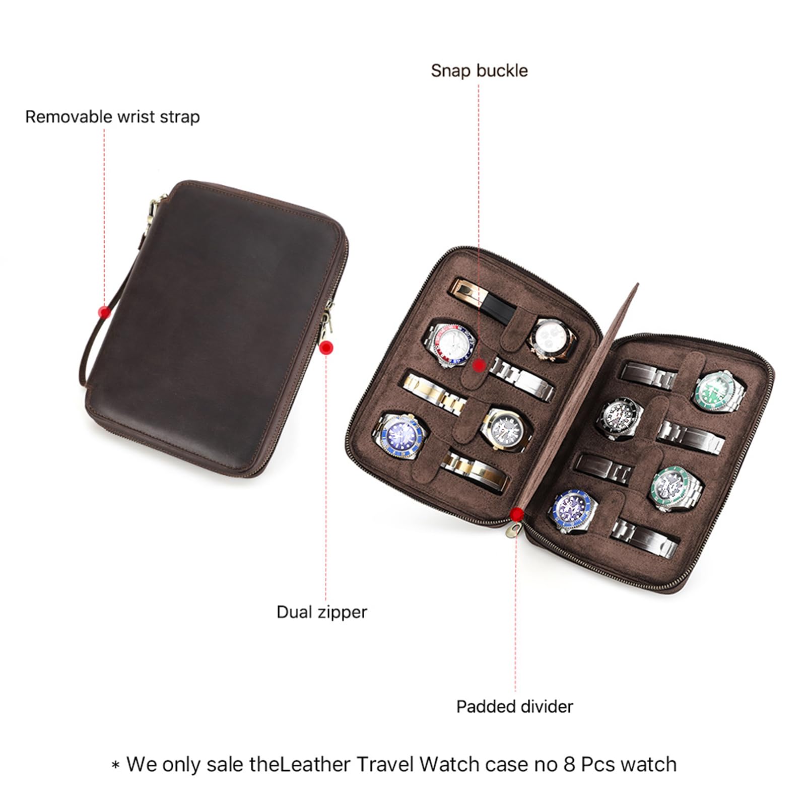 CONTACTS Herren-Armbanduhr, echtes Leder, mit Reißverschluss, schmale Box, minimalistische Vintage-Uhr, Handtasche, Clutch mit Befestigungsriemen (Kaffeebraun - 8 Fächer)