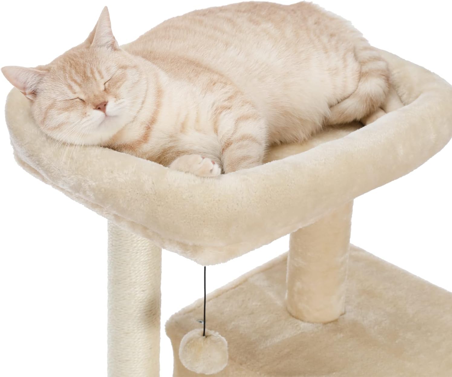 review Modern Small Cat Tree Cat Tower with Double Condos Spacious Perch Sisal Scratching Posts，Climbing Ladder and Replaceable Dangling Balls Beige