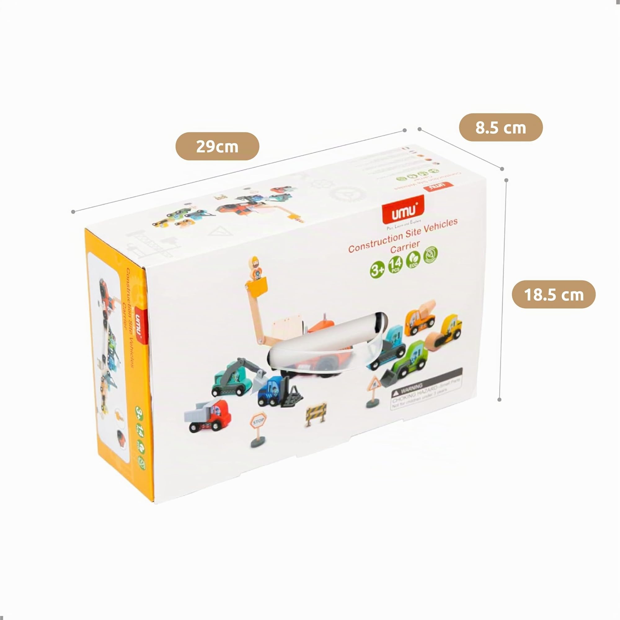 UMU® Set di giochi per veicoli da costruzione in legno per bambini, compatibile con i set ferroviari Brio World e altre marche, giocattolo contiene escavatore, gru, rullo e altro, set da 14 pezzi per