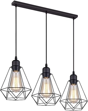 DC VOLTAGE Vintage Metal Rectangle 3 Way Ceiling Pendant Light Fitting for Bed Room Kitchen and Living Room Diamond Cage [Energy Class A]