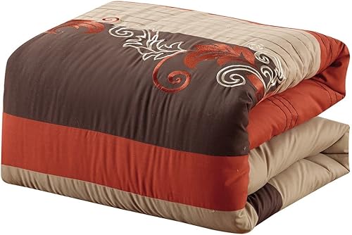 Miniatura 5 de Chezmoi Collection Napa - Juego de edredón de lujo de 7 piezas con bordado de hojas otoñales (California King, naranja óxidomarróngris topo)