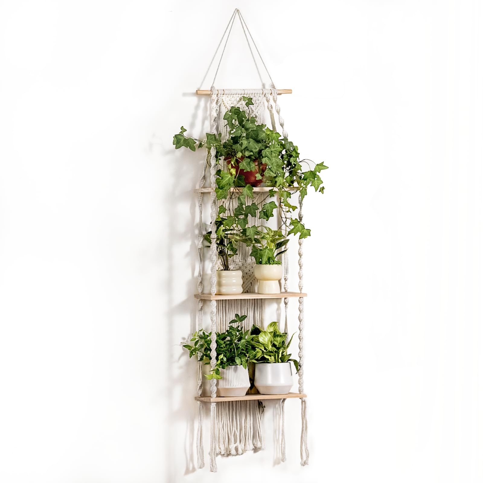 Estante de pared para plantas, soporte para plantas de macramé, 3 niveles, estantes para plantas, decoración bohemia para habitación, estante colgante para plantas, soporte para plantas