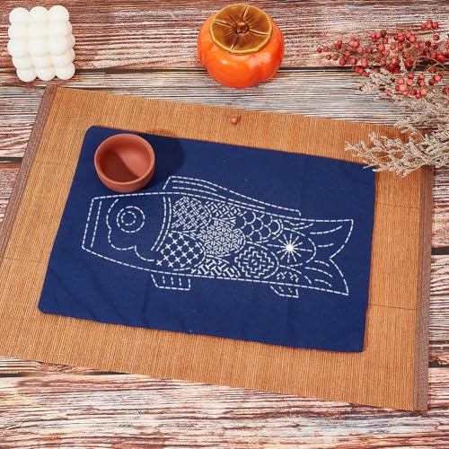 Image of FREEBLOSS DIY Sashiko Placemats Kit Sashiko Embroidery Kit Carp Flag Pattern Placemats Hand Sewing Kit with Instructions Sashiko Kit for Beginners Practice