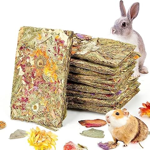 Abizoo Rabbit Natural Treats,10Pcs Timothy Hay Toys Chips Bunny chew Toys with Herbal Flowers Guinea Pig Treats for Hamster Chinchillas Gerbils Rats Small Animals Teeth Care Crisp Snacks Cover