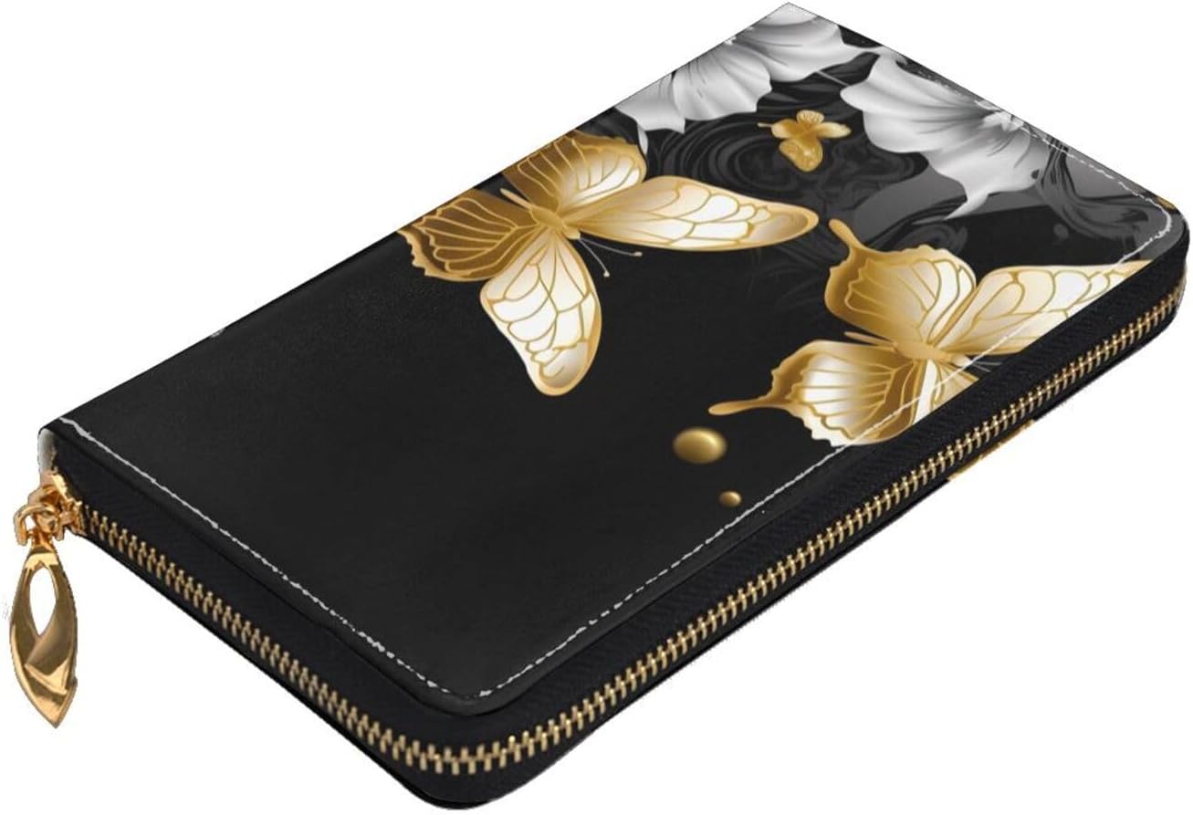 Gold White Butterflies Black Zip Around Long Wallet Pu Leather Travel Card Holder Purse Clutch Bag For Women Men