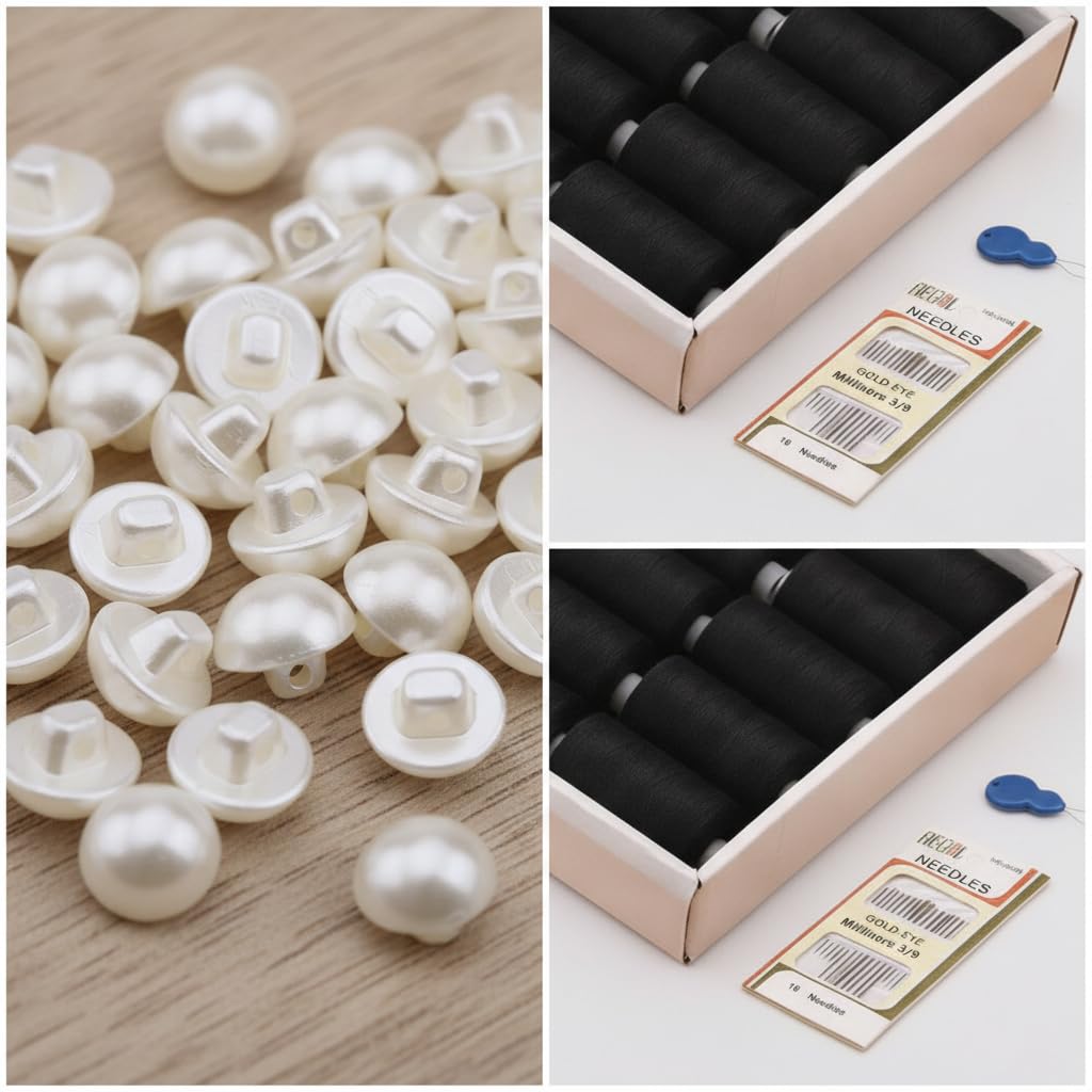 predolo 50 Piezas de Botones de Perlas Semicirculares, Kit de Hilo para Mano, Colección, Carretes de Poliéster de Alta Resistencia