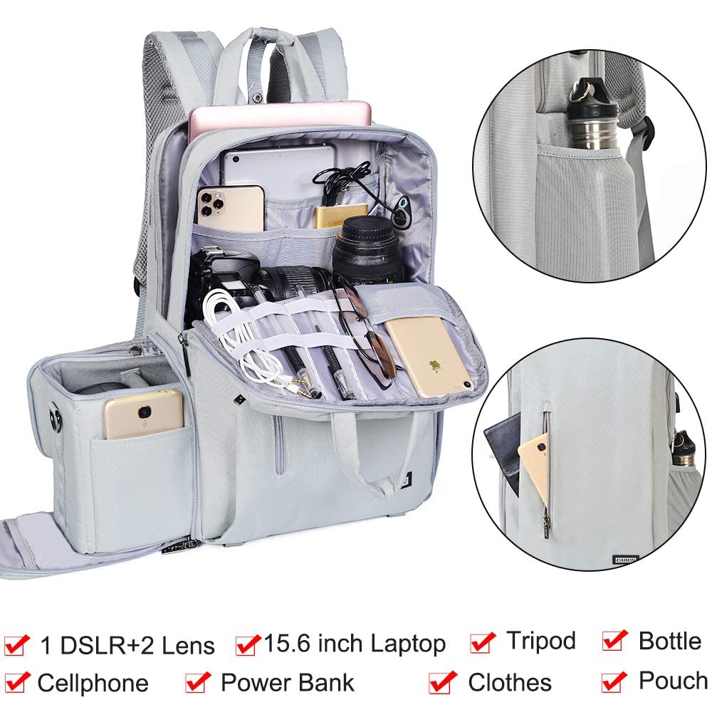 CADeN Sac à dos imperméable pour appareil photo et sac de voyage décontracté avec USB compatible avec ordinateur portable DSLR Canon, Nikon, Sony 15,6"