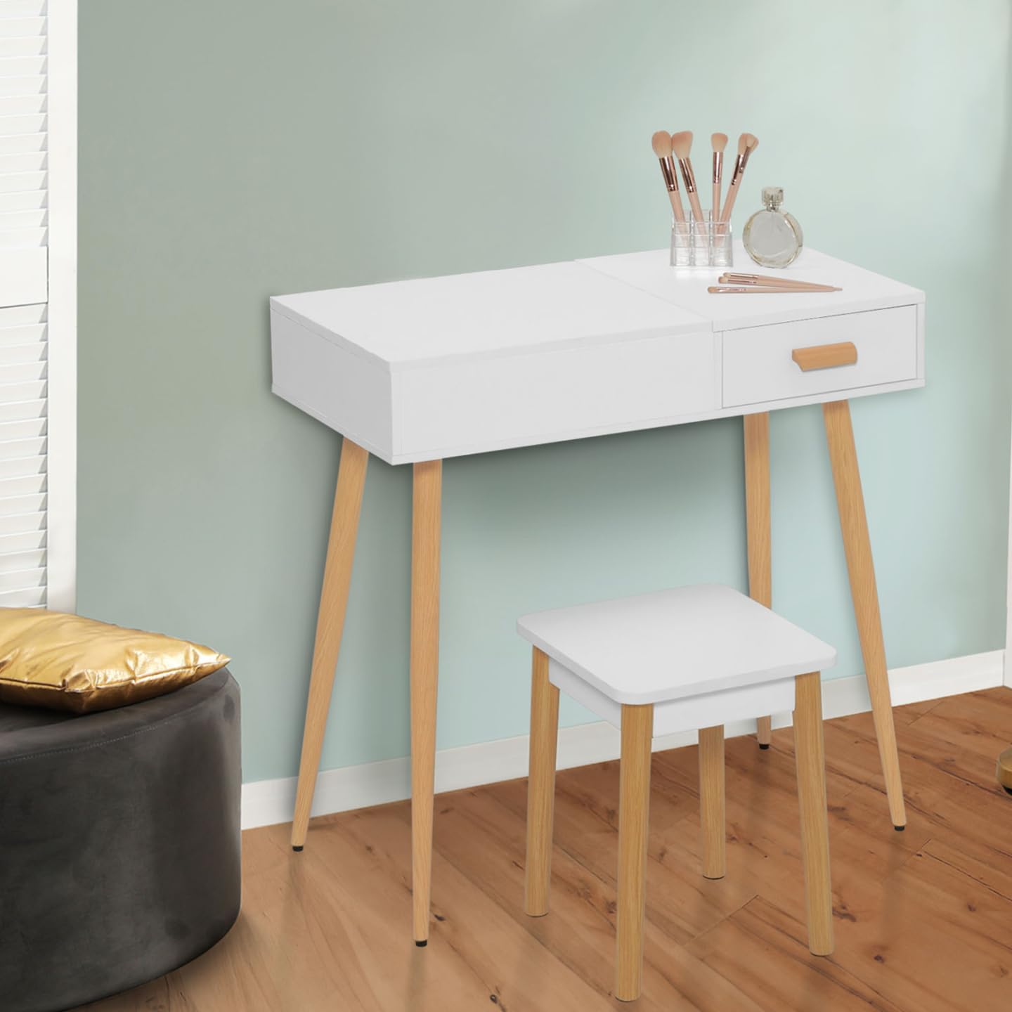 IDMarket - Coiffeuse scandinave Lisa Blanche Miroir Rabattable LED et Tabouret