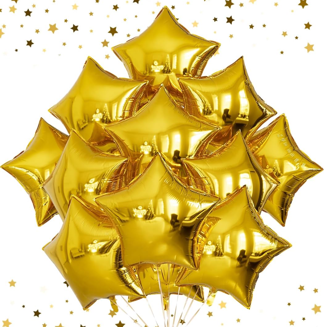 18 Inch Gold Star Balloons - Reusable Self-Sealing Foil Balloons for Parties, 20 Pack with Ribbon and Straws for Birthday Wedding Decorations