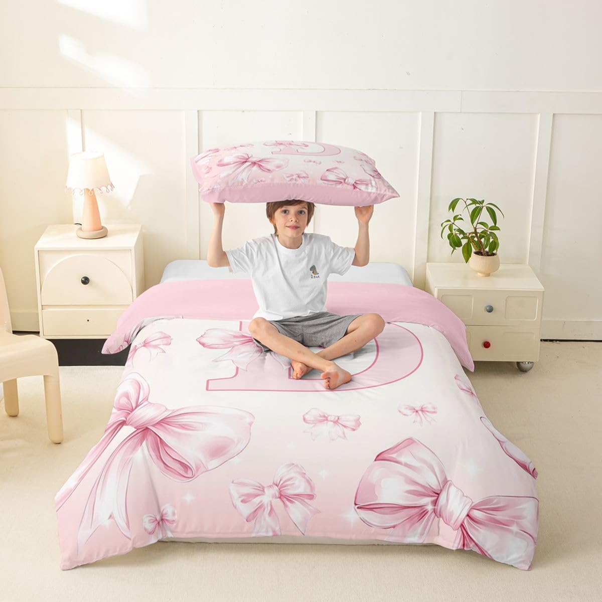 Erosebridal Initial Letter D Toddler Duvet Cover Bow Bedding Set Cute Coquette Bowknot Comforter Cover for Kids Girls Teen,Glitter Bow Pink Princess Monogram Bed Set